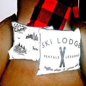 NEW! INDUSTRIAL VINTAGE SKI LODGE WINTER HOLIDAY PILLOW POTTERY BARN STYLE